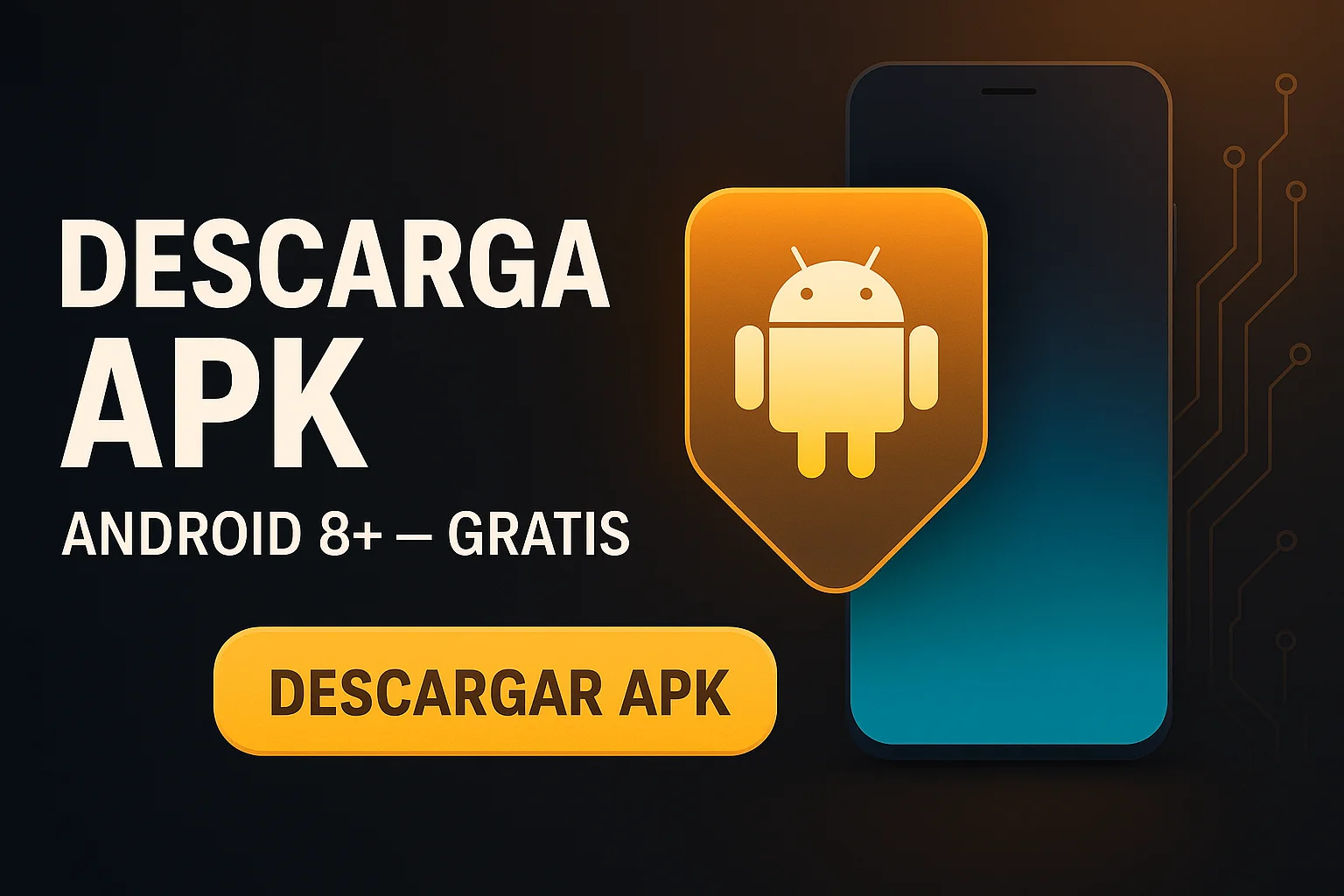 Banner oscuro con texto Descargá APK, botón dorado y flecha Android