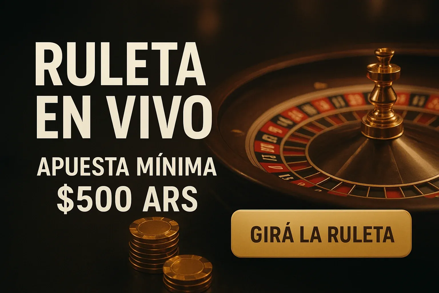 Banner de ruleta en vivo con fondo oscuro, fichas doradas y CTA