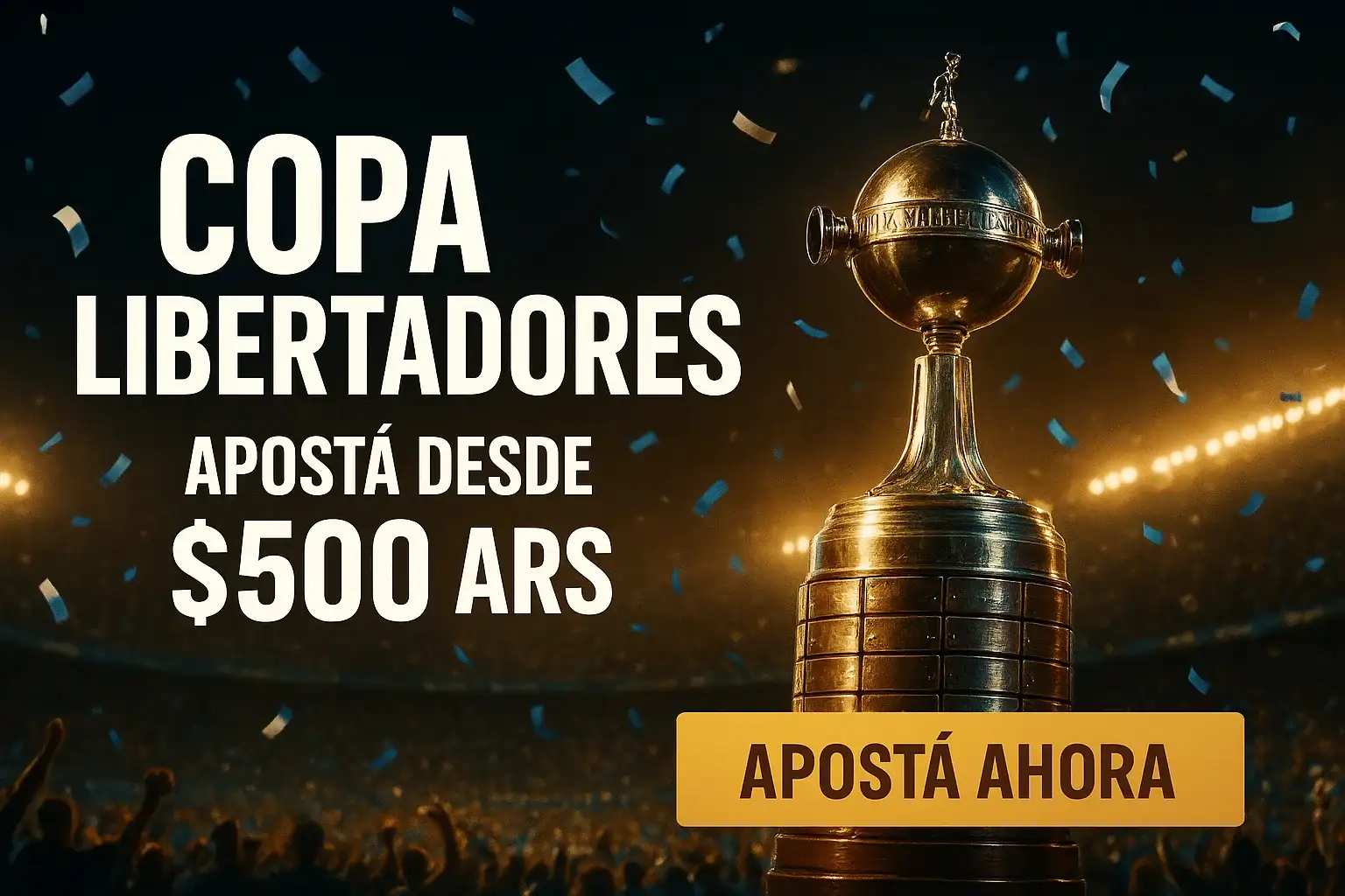 Banner de apuestas Copa Libertadores con trofeo, estadio celeste y dorado