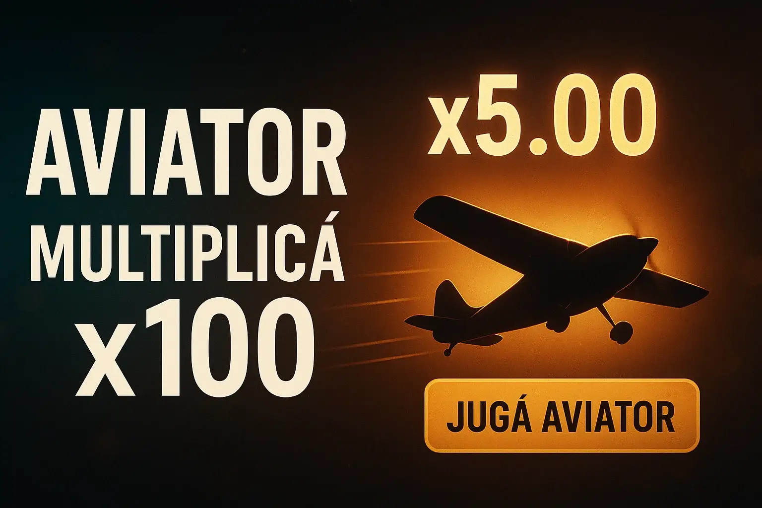 Banner casino Aviator con fondo oscuro, botón dorado y multiplicador x5.00