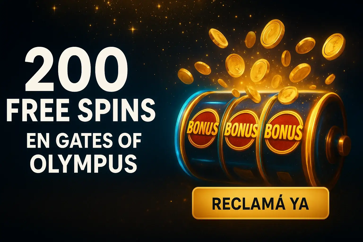 Banner de casino con 200 tiradas gratis y botón Reclamá ya