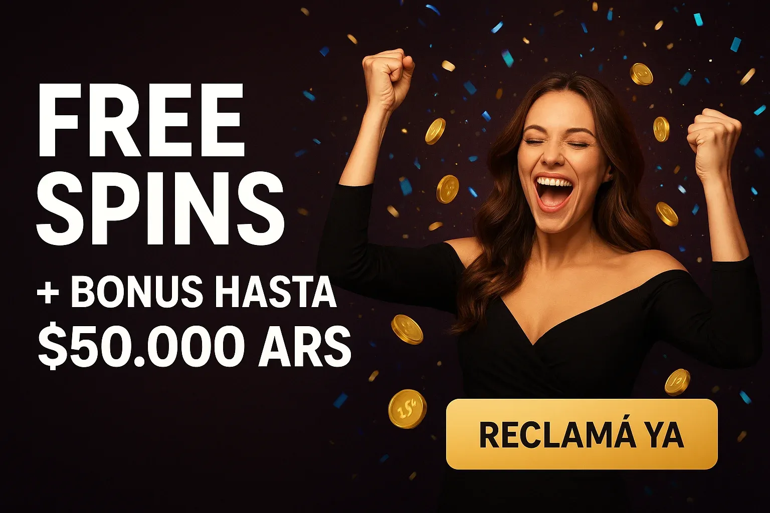 Banner de tragamonedas con mujer celebrando, monedas doradas y botón Reclamá Ya